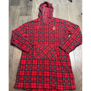 LAUREN RALPH LAUREN Plaid Fleece Hooded Lounge Dress Sleep Shirt Top L Red